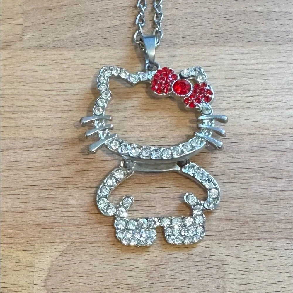 Large Rhinestone Hello Kitty Pendant Necklace with Red Rhinestone Bow